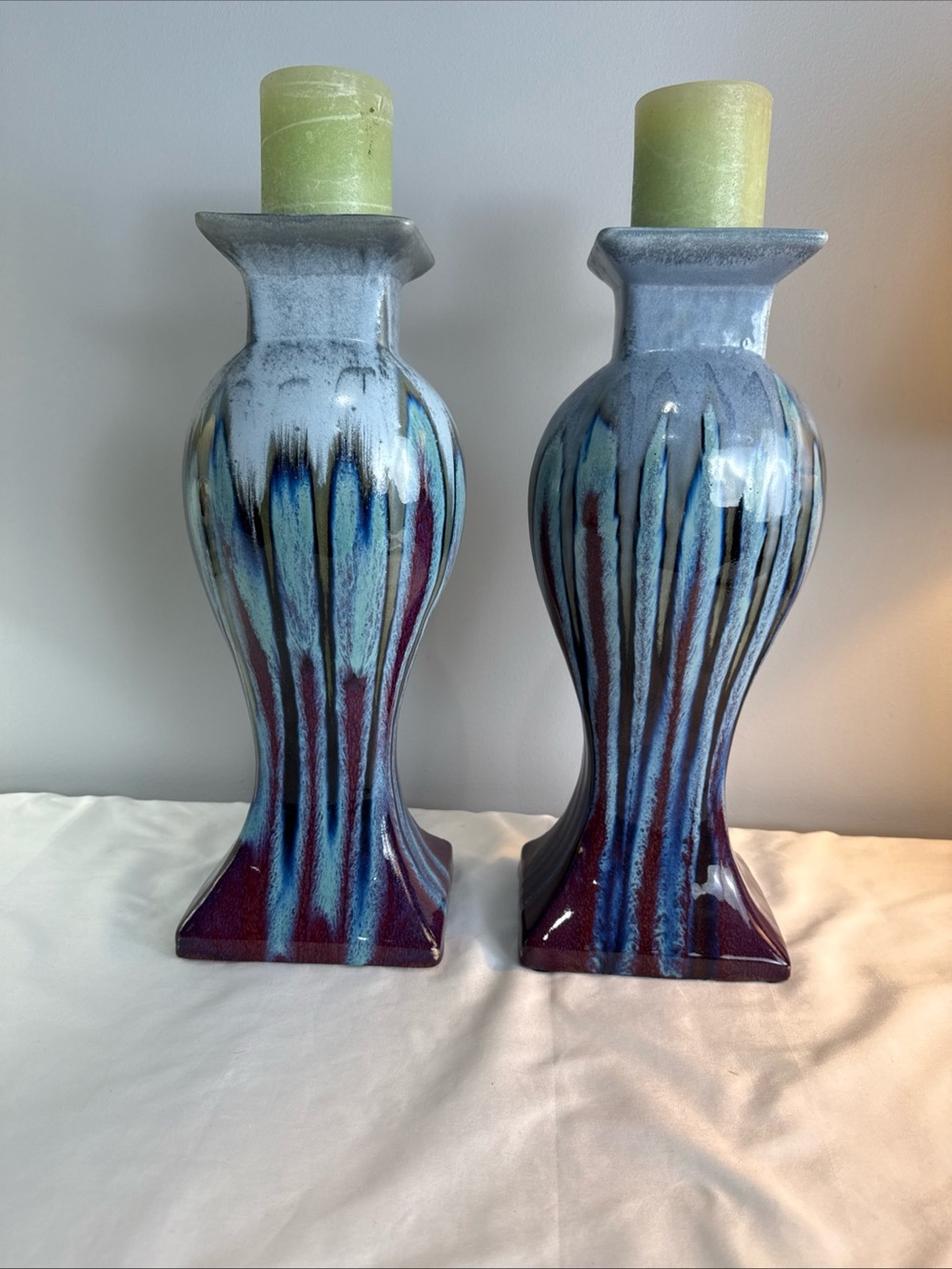 Vintage Pier One Pottery  Bohemian Pillar Candle Holders & Candles Drip Glaze